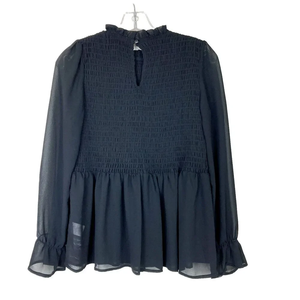 Mi Ami Women's Smocked Peasant Blouse Size S Black Sheer Sleeves